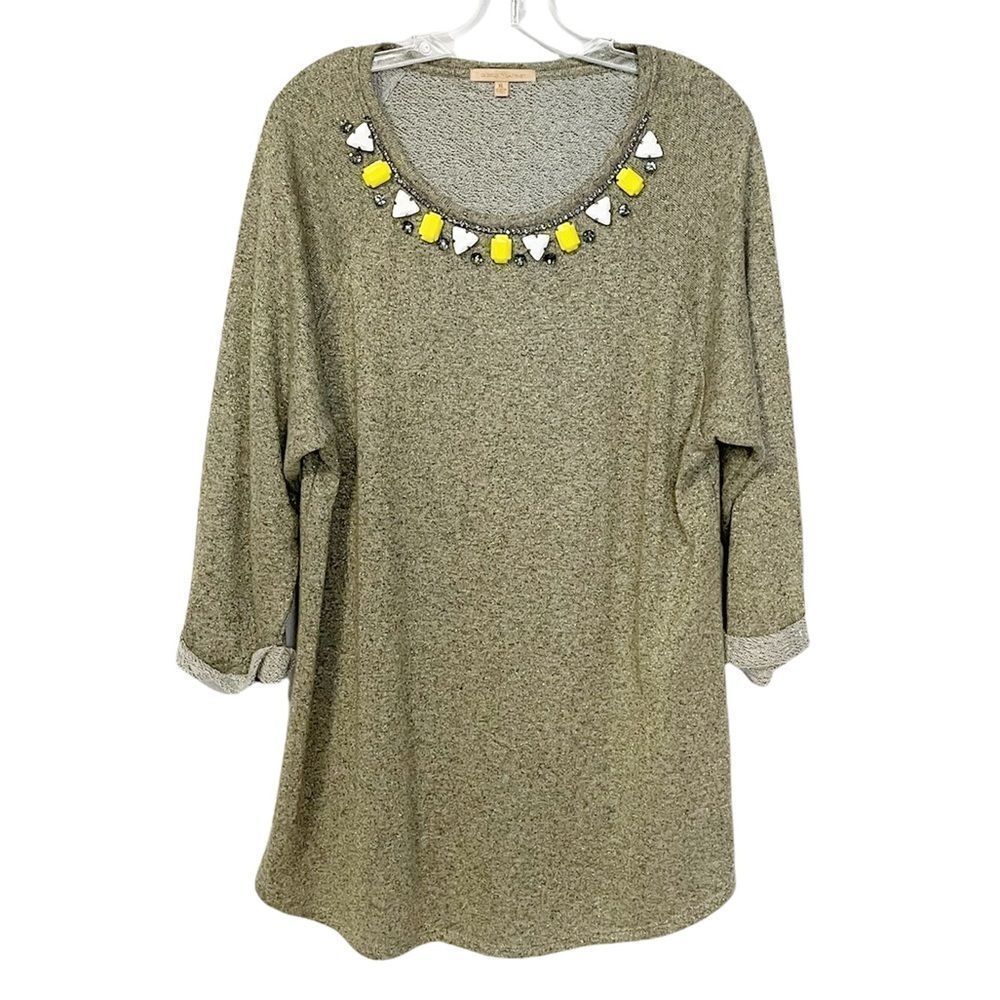 Gibson Latimer Cream Black Gold Metallic Jewel Neckline Sweater XL